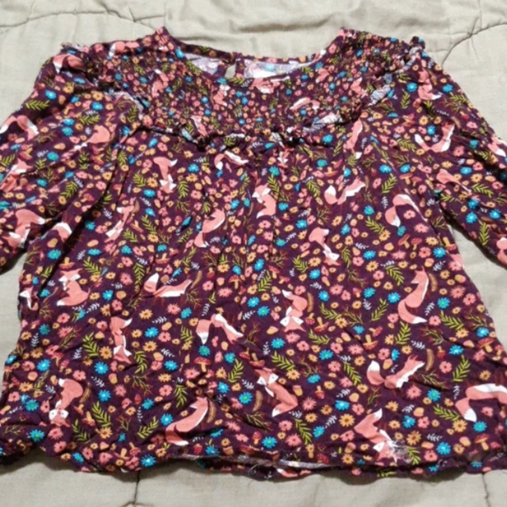 Girls Woodland Fox Flower Mushroom Ruffle Light Blouse Top 10 12 XL